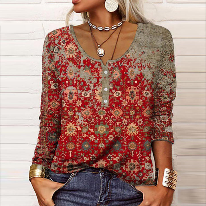 INES - Boho Ethnic Print Long Sleeve Henley Top