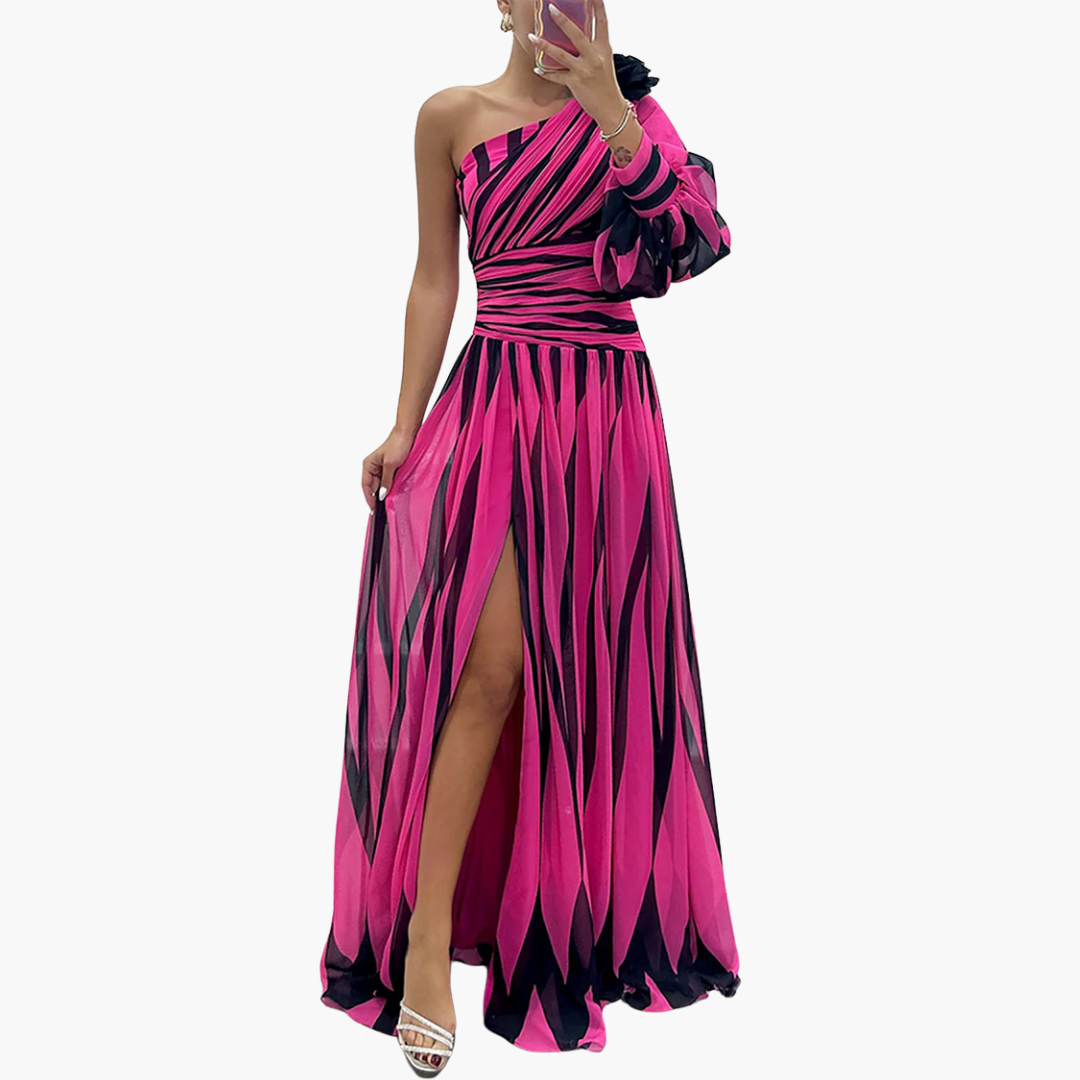 Susan - One-shoulder - Print Puff Sleeve Maxi Dress with Slit