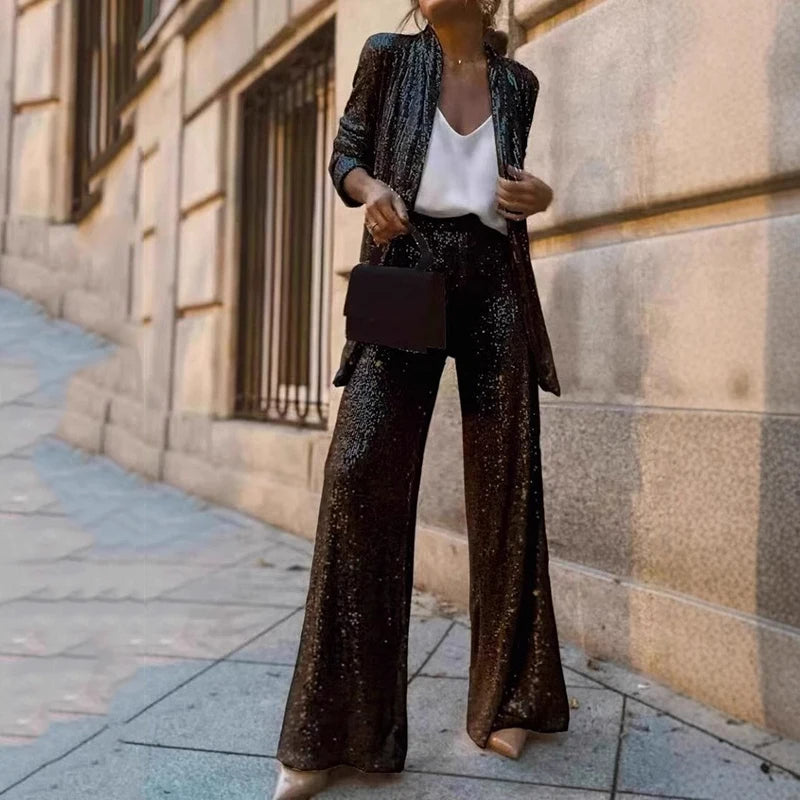 Women’s Sequin Evening Set – Fitted Top &amp; High-Waisted Party Pants Set