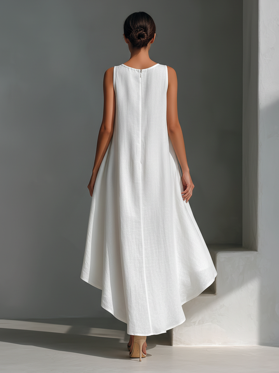 Maria | Sleeveless Round Neck Asymmetric Hem Midi Dress