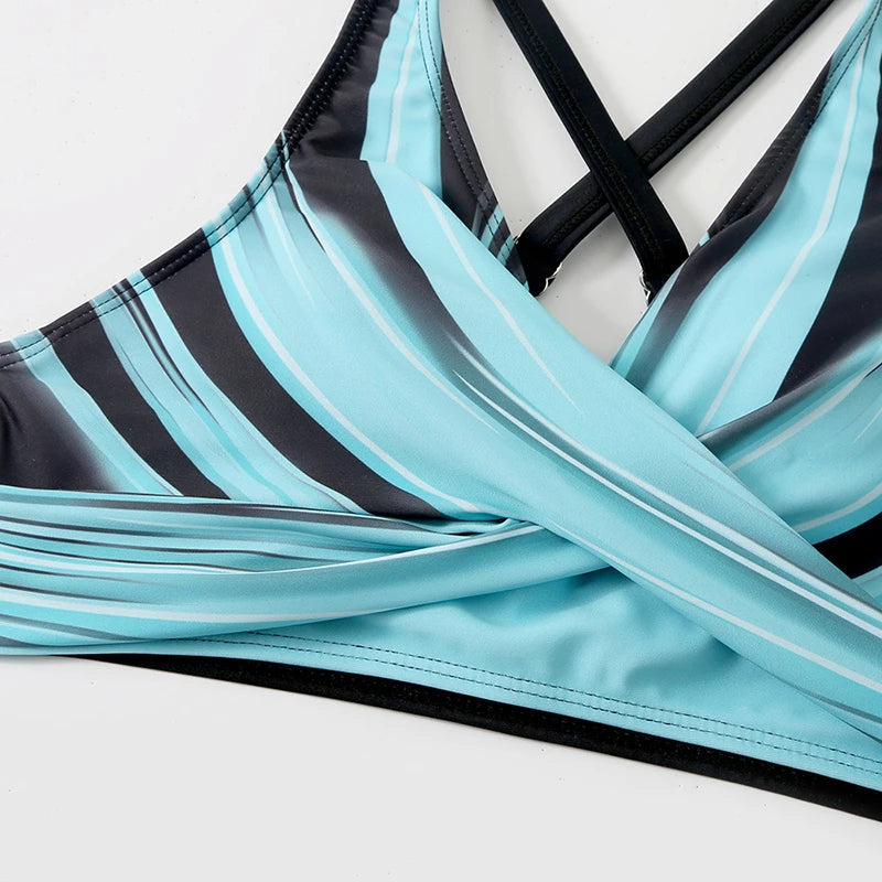 High-Waisted Bikini Set with Stylish Blue Print