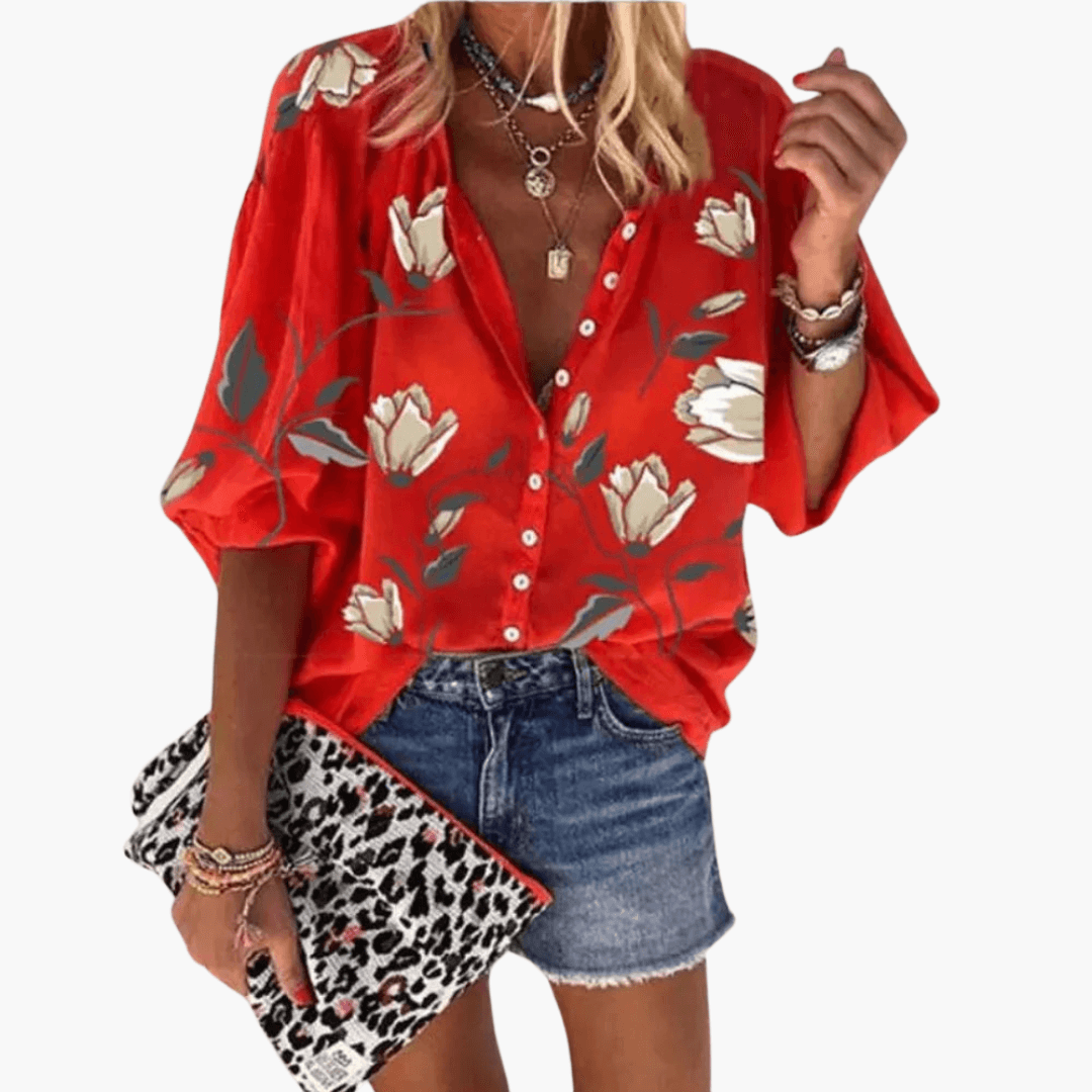 Karen - Floral Print Batwing Sleeve Button-Down Blouse