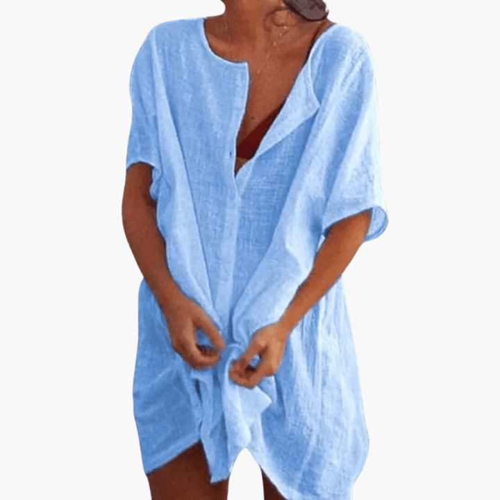 Barbara - Oversized Linen Short Sleeve Open Front Beach Cover-Up Shirt