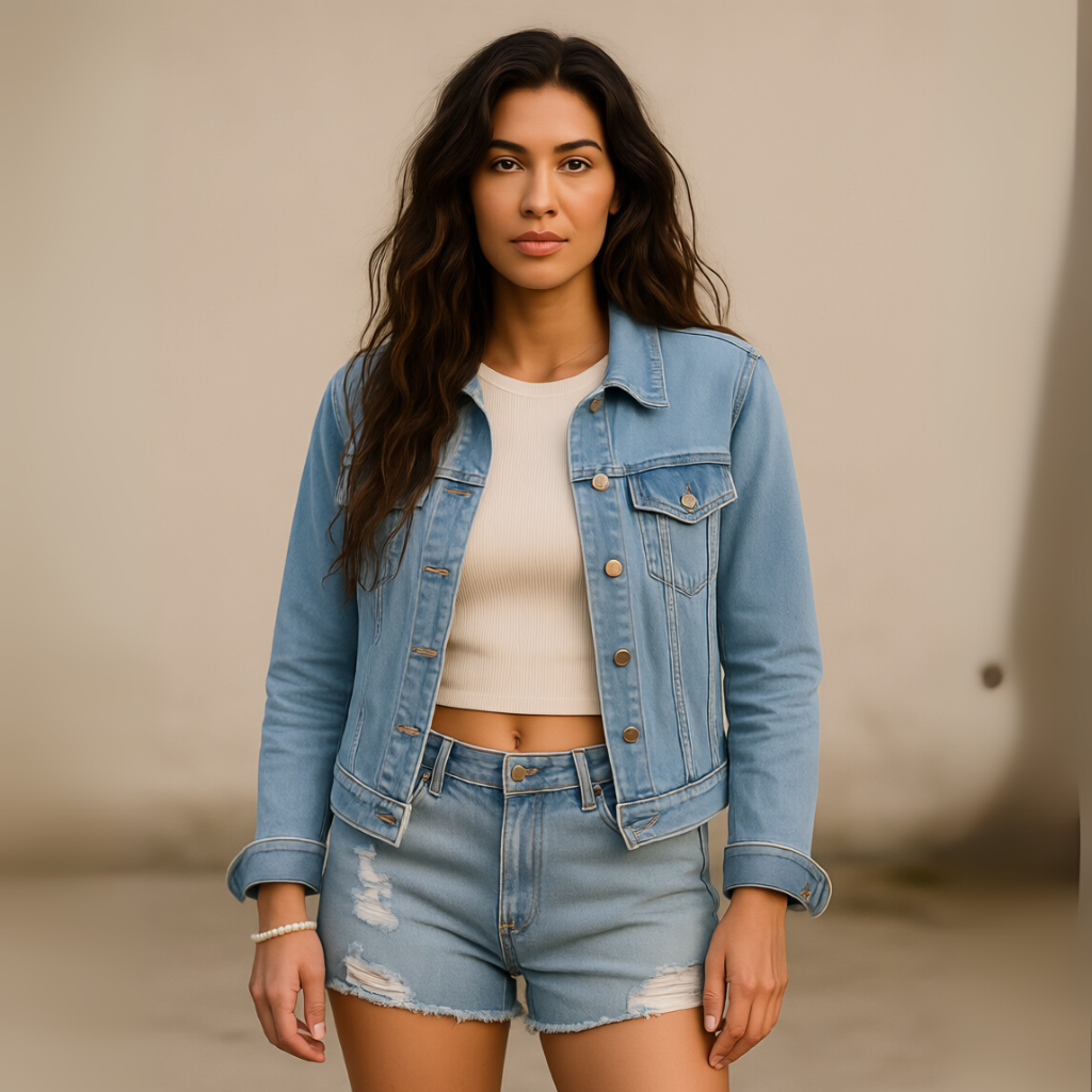 Basic Tailored Stretch Denim Jacket with Button Placket and Long Sleeves
