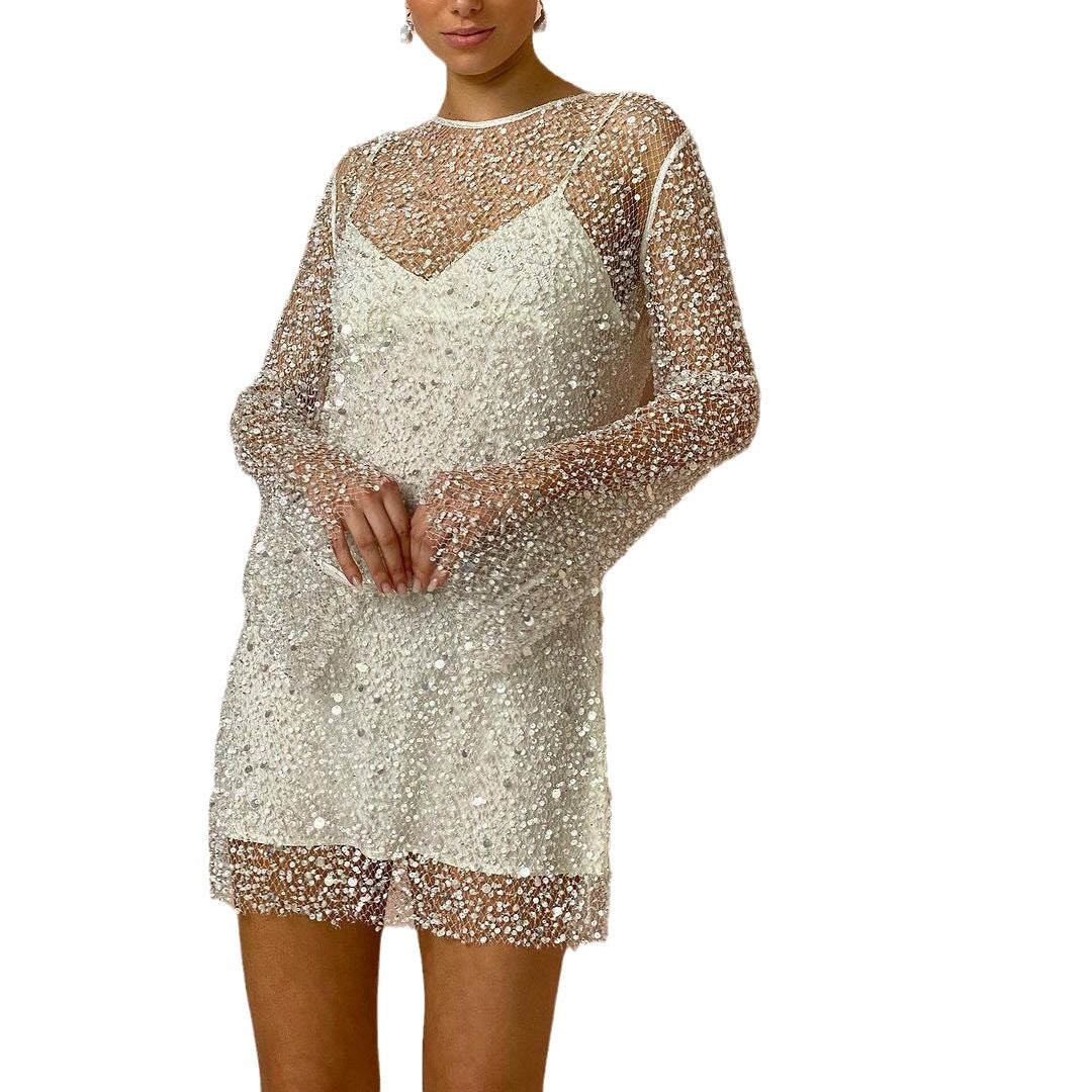 AURORA - Long Sleeve Sheer Mesh Sequin Mini Dress with Slip Liner and Crystal Embellishment