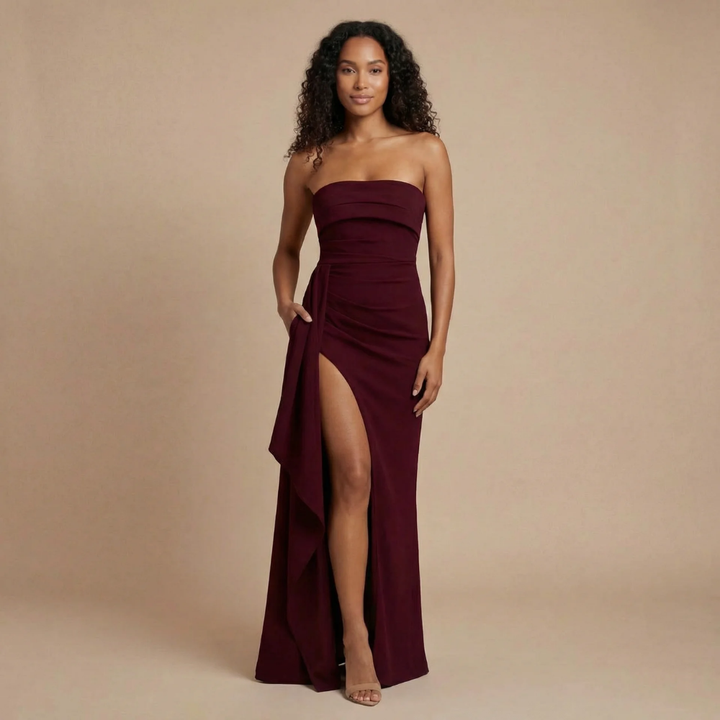 Amy - Strapless Ruched Bodycon Maxi Dress with High Slit