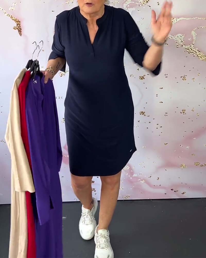 HANNEKE - Solid Dress With V Neck