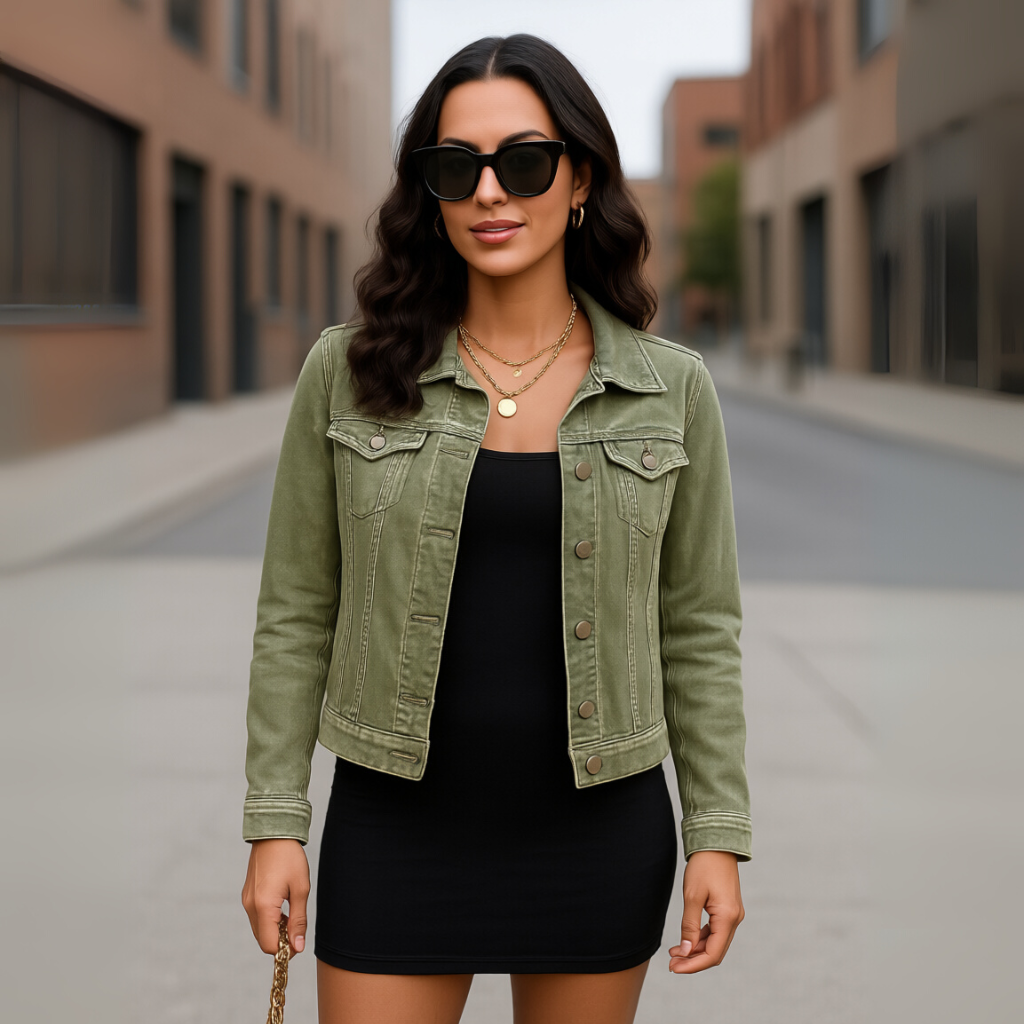 Basic Tailored Stretch Denim Jacket with Button Placket and Long Sleeves