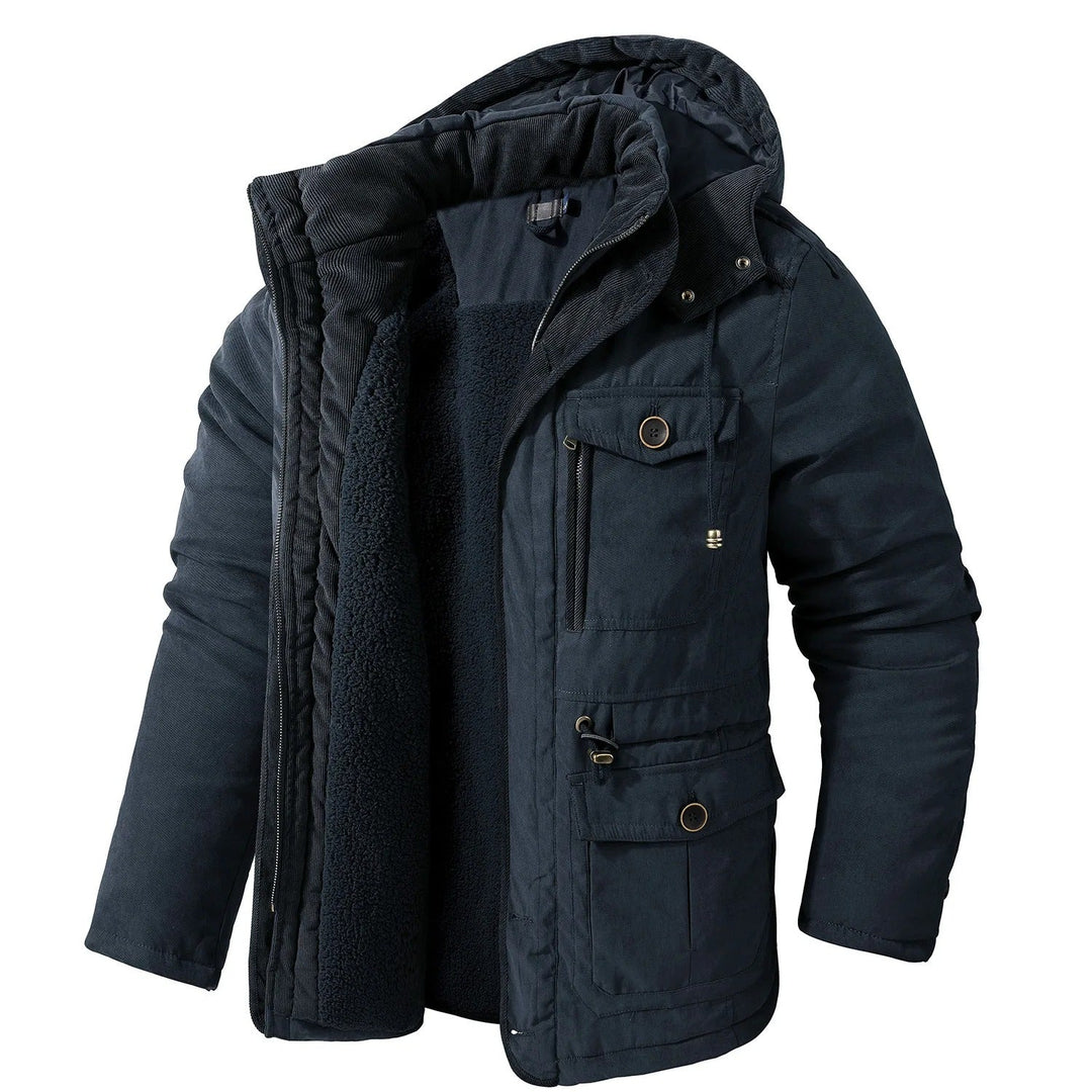 Warm windproof winter jacket with hood for men