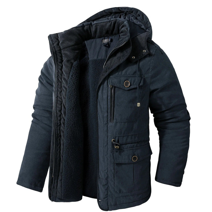 Warm windproof winter jacket with hood for men