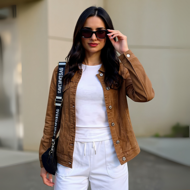 Basic Tailored Stretch Denim Jacket with Button Placket and Long Sleeves