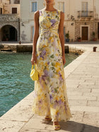 Yellow Floral Ruched Chiffon Boat Neck Sleeveless A-Line Maxi Dress