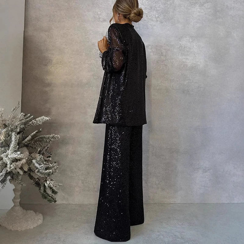 Women’s Sequin Evening Set – Fitted Top &amp; High-Waisted Party Pants Set