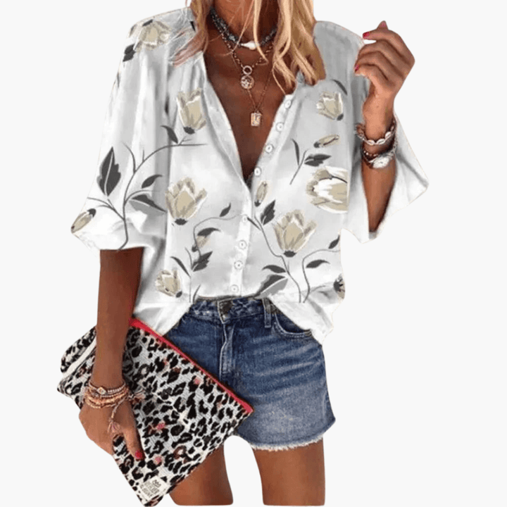 Karen - Floral Print Batwing Sleeve Button-Down Blouse