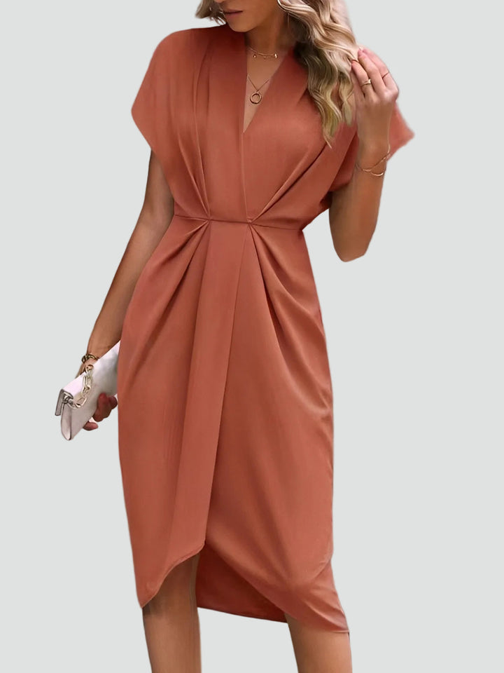 Midi Wrap Dress for Women with V-Neck and Pleats, Elegant and Feminine for Cocktail and Dinner - Luciana Mazzini