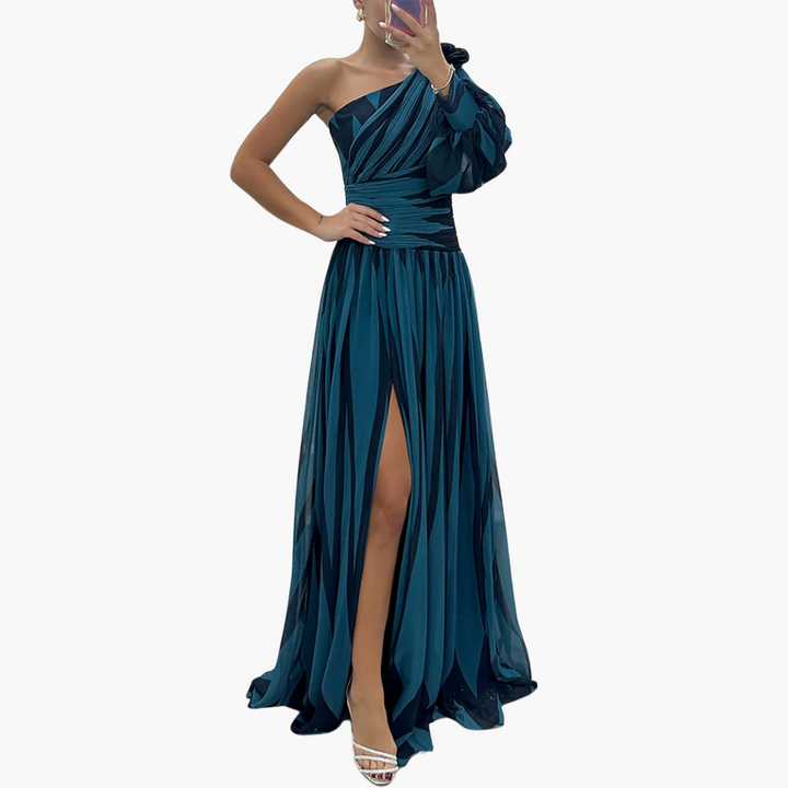 Susan - One-shoulder - Print Puff Sleeve Maxi Dress with Slit