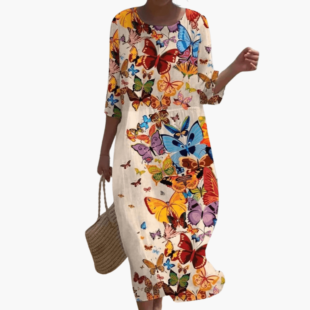 Mary - Rose Print 3/4 Sleeve Loose Midi Dress