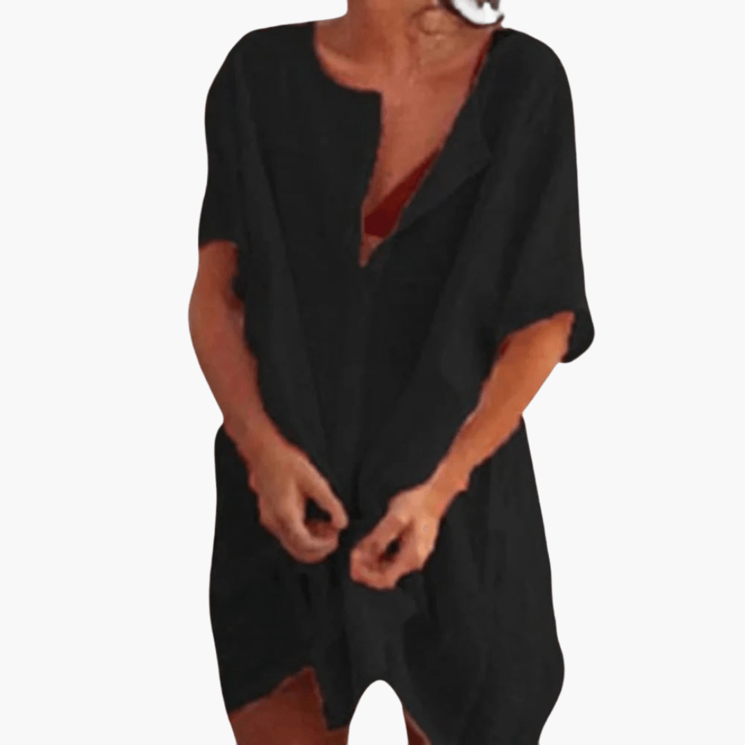 Barbara - Oversized Linen Short Sleeve Open Front Beach Cover-Up Shirt