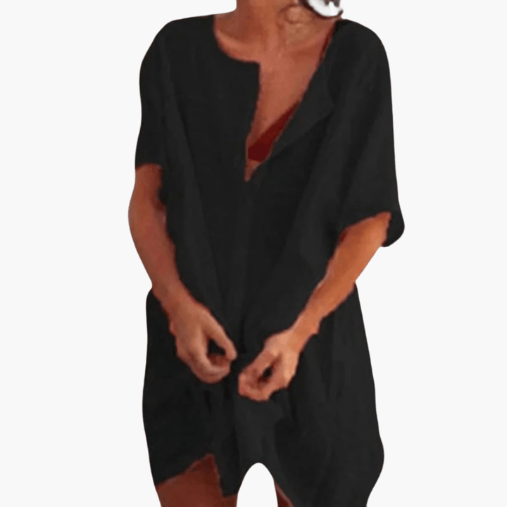 Barbara - Oversized Linen Short Sleeve Open Front Beach Cover-Up Shirt