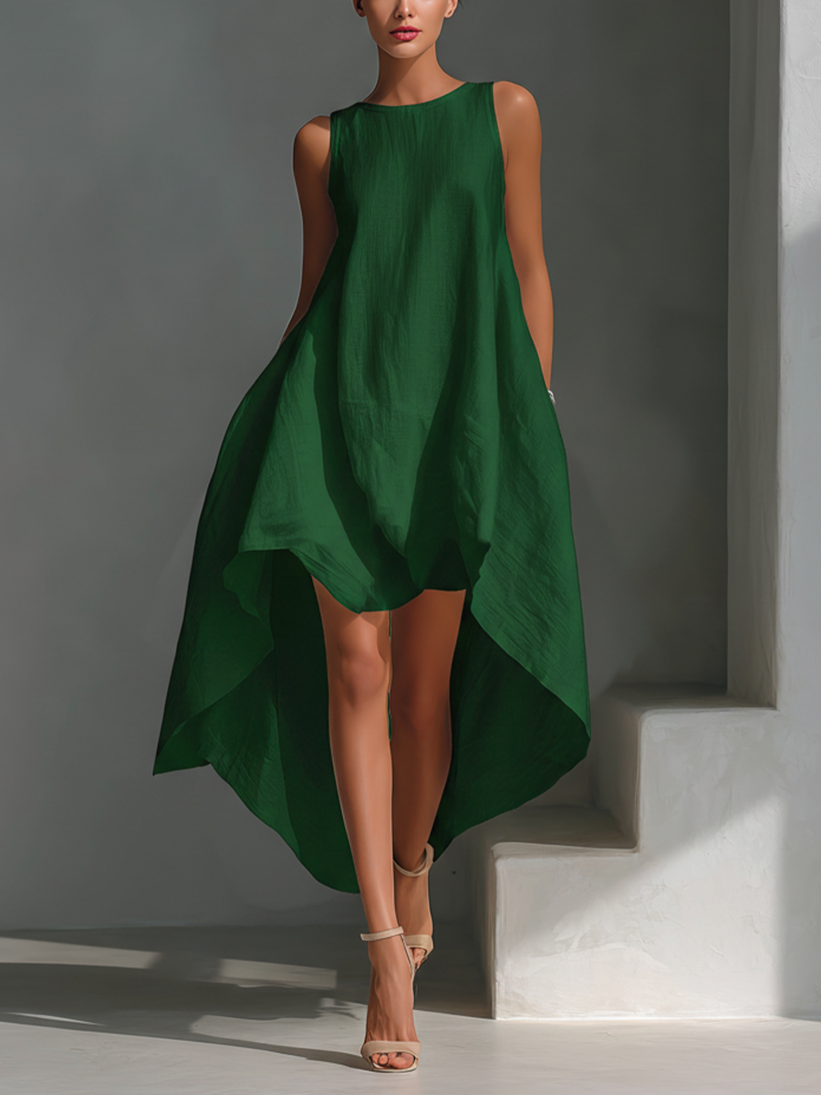 Maria | Sleeveless Round Neck Asymmetric Hem Midi Dress