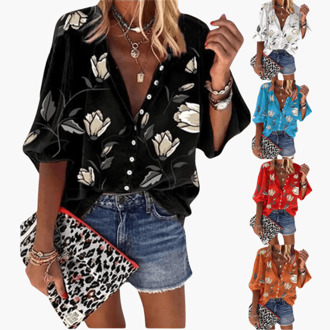 Karen - Floral Print Batwing Sleeve Button-Down Blouse