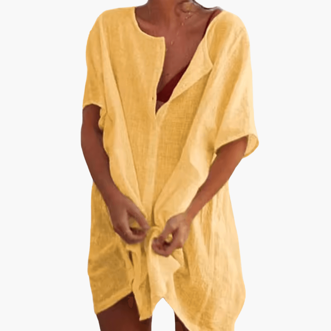 Barbara - Oversized Linen Short Sleeve Open Front Beach Cover-Up Shirt