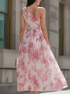 Pink Floral One-Shoulder Chiffon Midi Dress