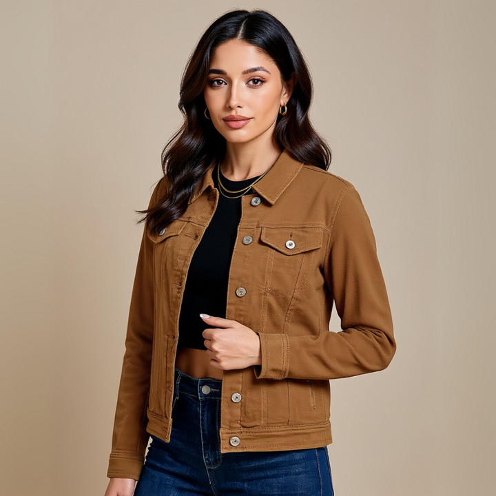 Basic Tailored Stretch Denim Jacket with Button Placket and Long Sleeves