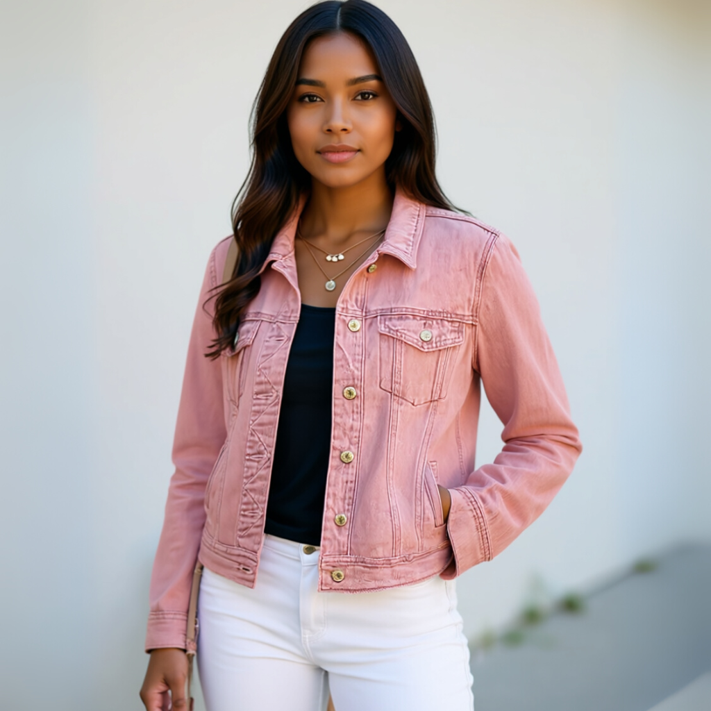 Basic Tailored Stretch Denim Jacket with Button Placket and Long Sleeves