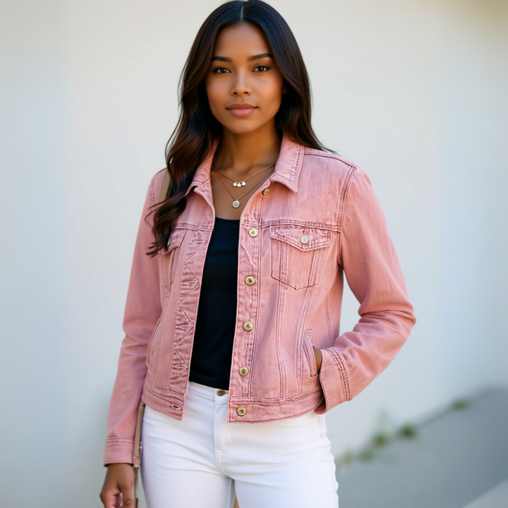 Basic Tailored Stretch Denim Jacket with Button Placket and Long Sleeves