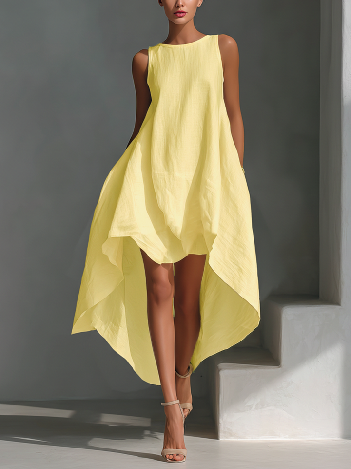 Maria | Sleeveless Round Neck Asymmetric Hem Midi Dress
