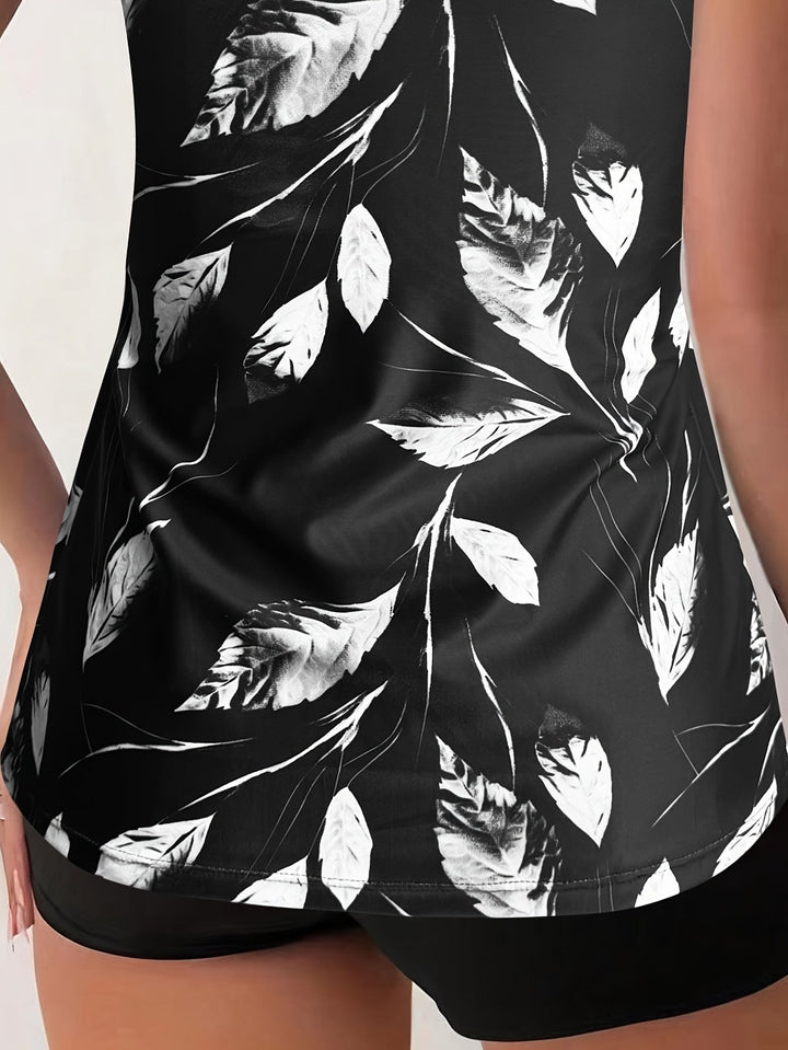 LILY | BLACK &amp; WHITE LEAF PRINT TANKINI SET