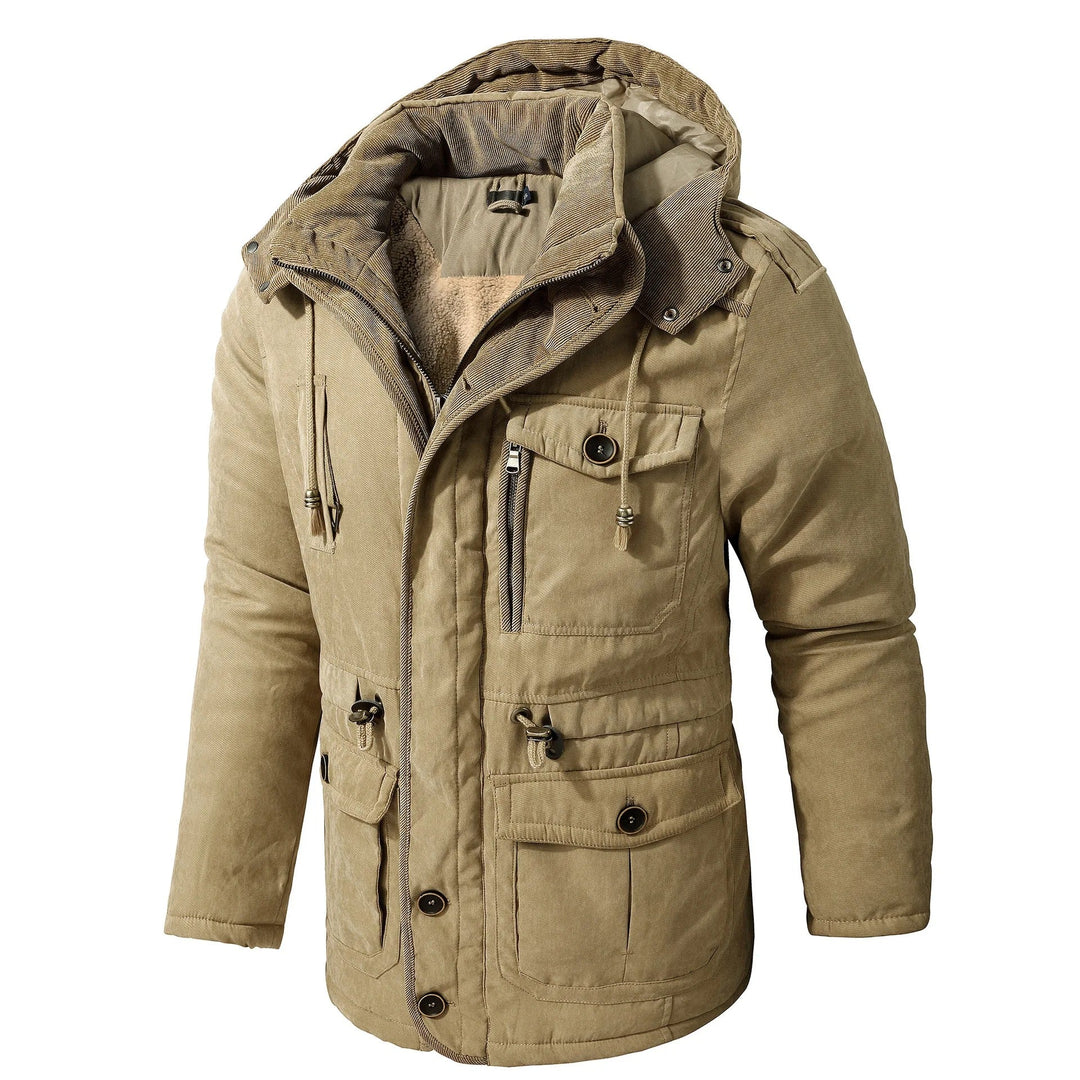 Warm windproof winter jacket with hood for men