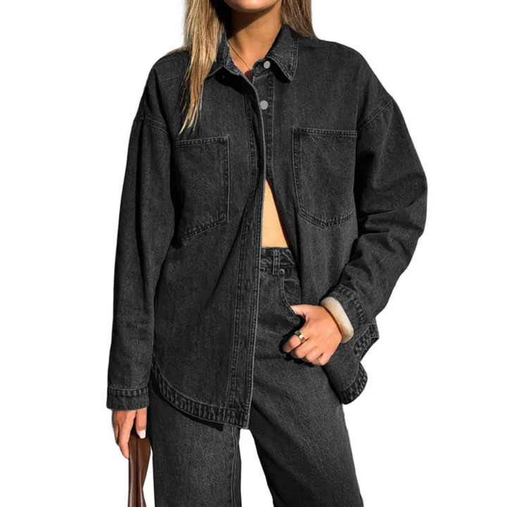 Casual Denim Shirt with Front Button Placket and Two Pockets for Women
