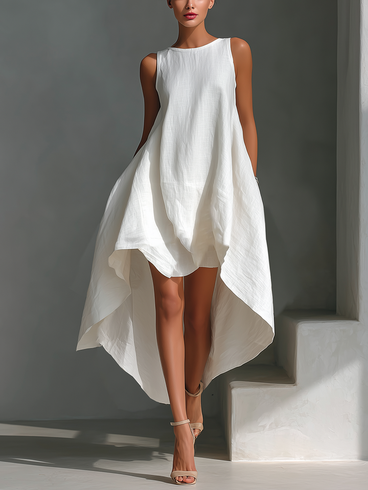 Maria | Sleeveless Round Neck Asymmetric Hem Midi Dress