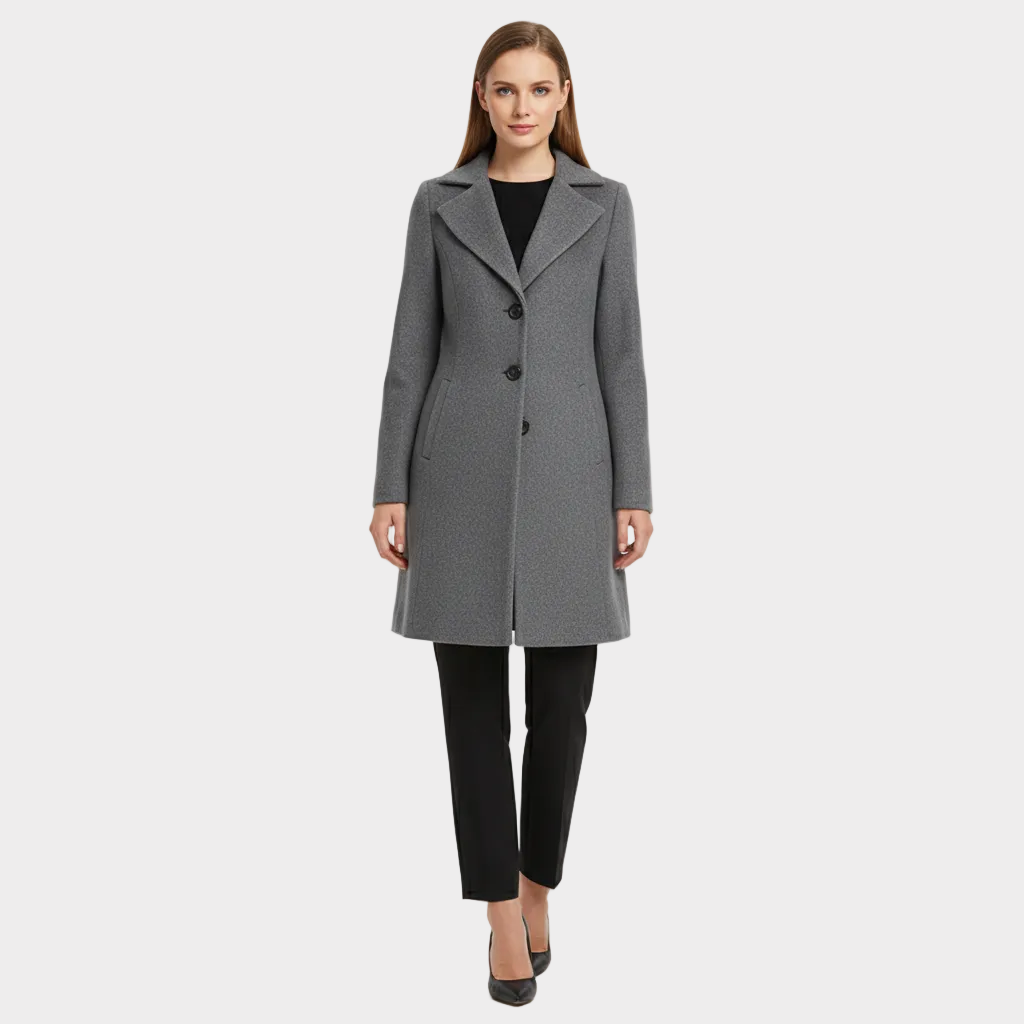 Ladies Long Coat – Tailored Fit – Wool Blend – Solid