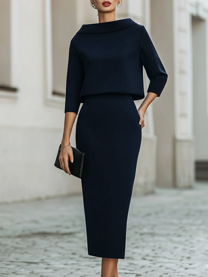 Ladies Two-Piece Set Boat Neck Top and Midi Skirt Tailored Fit - Black / Navy Blue / Beige - Maelen