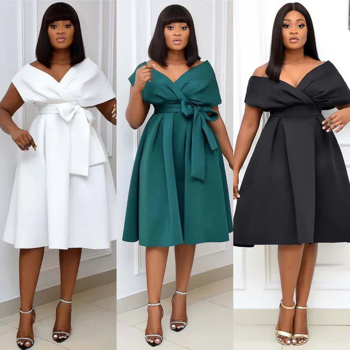 DIANA - Off-Shoulder Wrap Bow-Tie Midi Dress with Pleated A-Line Skirt