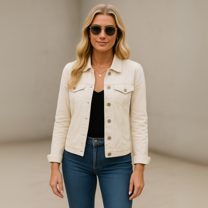 Basic Tailored Stretch Denim Jacket with Button Placket and Long Sleeves