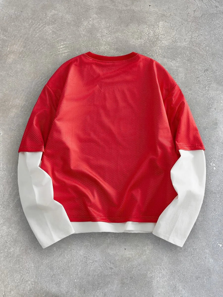 T-shirt with plaid patchwork sleeves