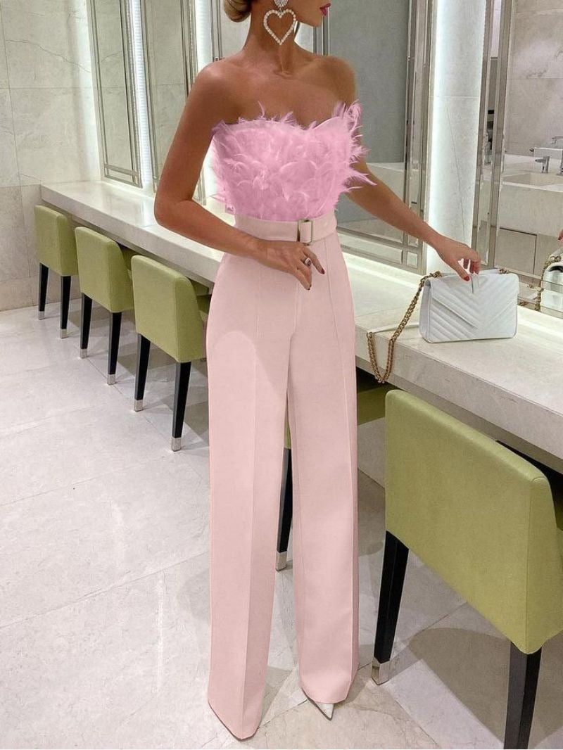 VALENTINA - Strapless Feather-Trimmed Wide-Leg Jumpsuit with Belt Detail