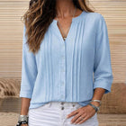 Light Blue Pleated Button Front 3/4 Sleeve Blouse