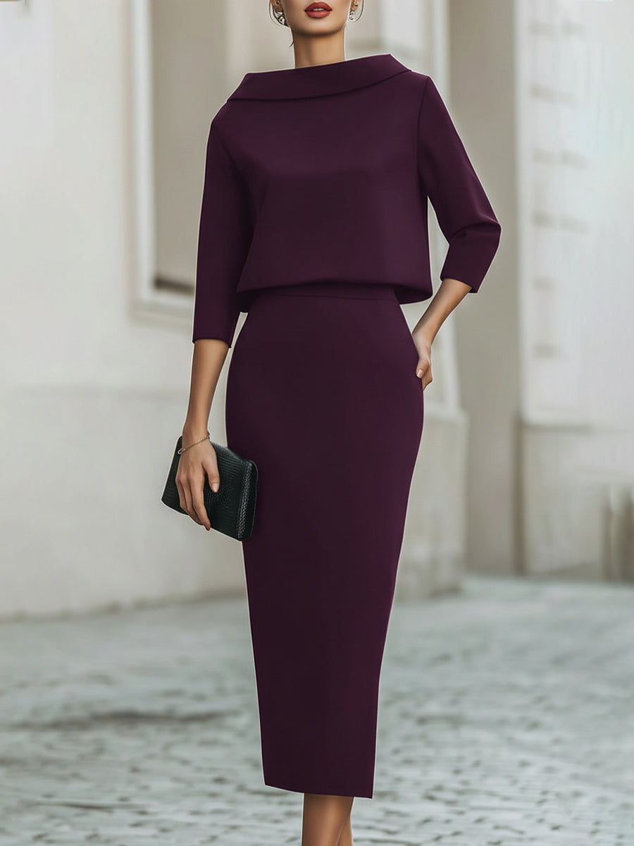 Ladies Two-Piece Set Boat Neck Top and Midi Skirt Tailored Fit - Black / Navy Blue / Beige - Maelen