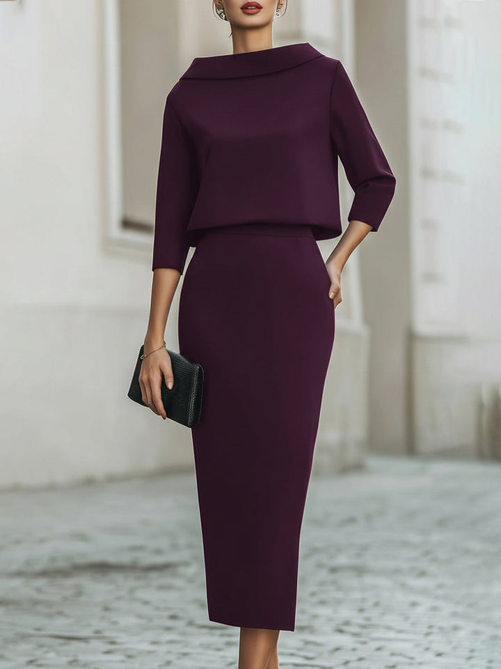 Ladies Two-Piece Set Boat Neck Top and Midi Skirt Tailored Fit - Black / Navy Blue / Beige - Maelen
