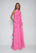 Women's Sleeveless Maxi Dress with Floral Embellishments | Full-Length Silhouette, Elegant Flowy Evening Fit | Pink