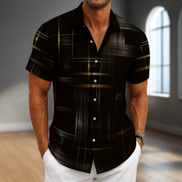 Gary - Geometric Line Print Short Sleeve Button-Up Shirt