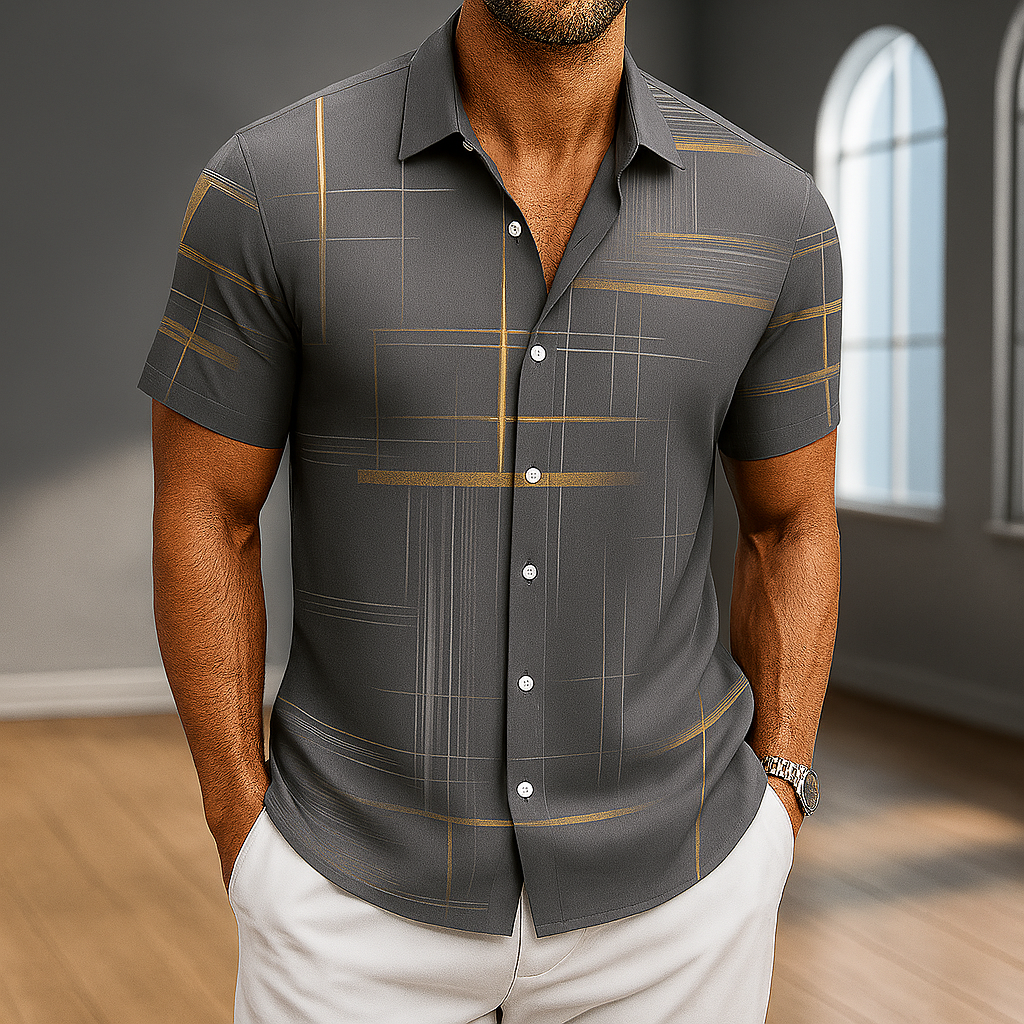 Gary - Geometric Line Print Short Sleeve Button-Up Shirt