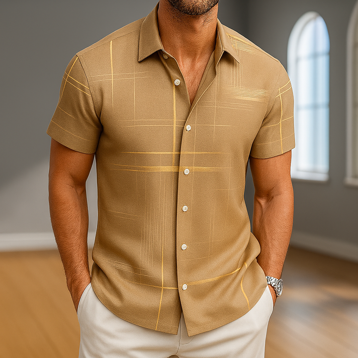 Gary - Geometric Line Print Short Sleeve Button-Up Shirt