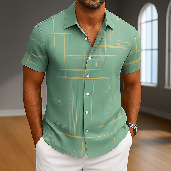 Gary - Geometric Line Print Short Sleeve Button-Up Shirt