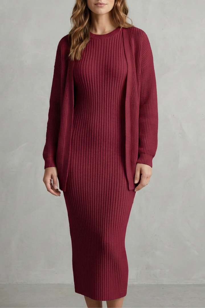Set Women - Ribbed Knit Two-Piece Outfit with Dress and Cardigan